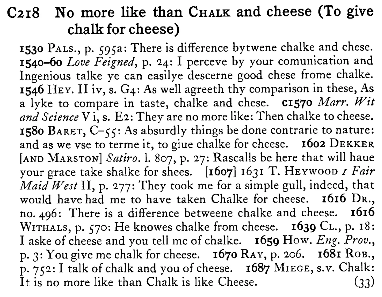 No more like than CHALK and cheese (To give chalk for cheese) - a scanned entry from Tilley's 1950 Dictionary of Proverbs.