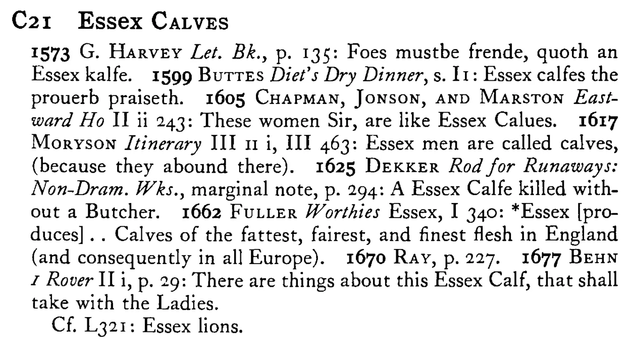 Essex CALVES - a scanned entry from Tilley's 1950 Dictionary of Proverbs.