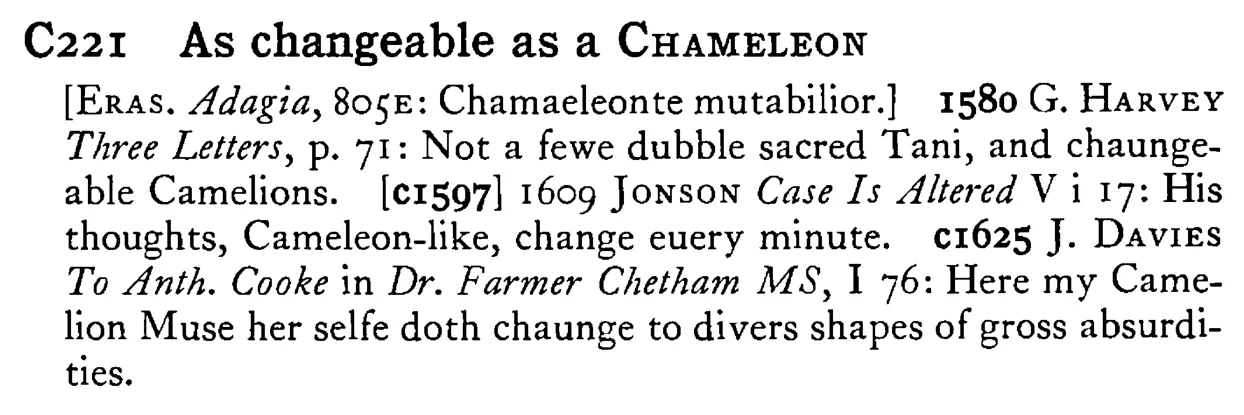 As changeable as a CHAMELEON - a scanned entry from Tilley's 1950 Dictionary of Proverbs.