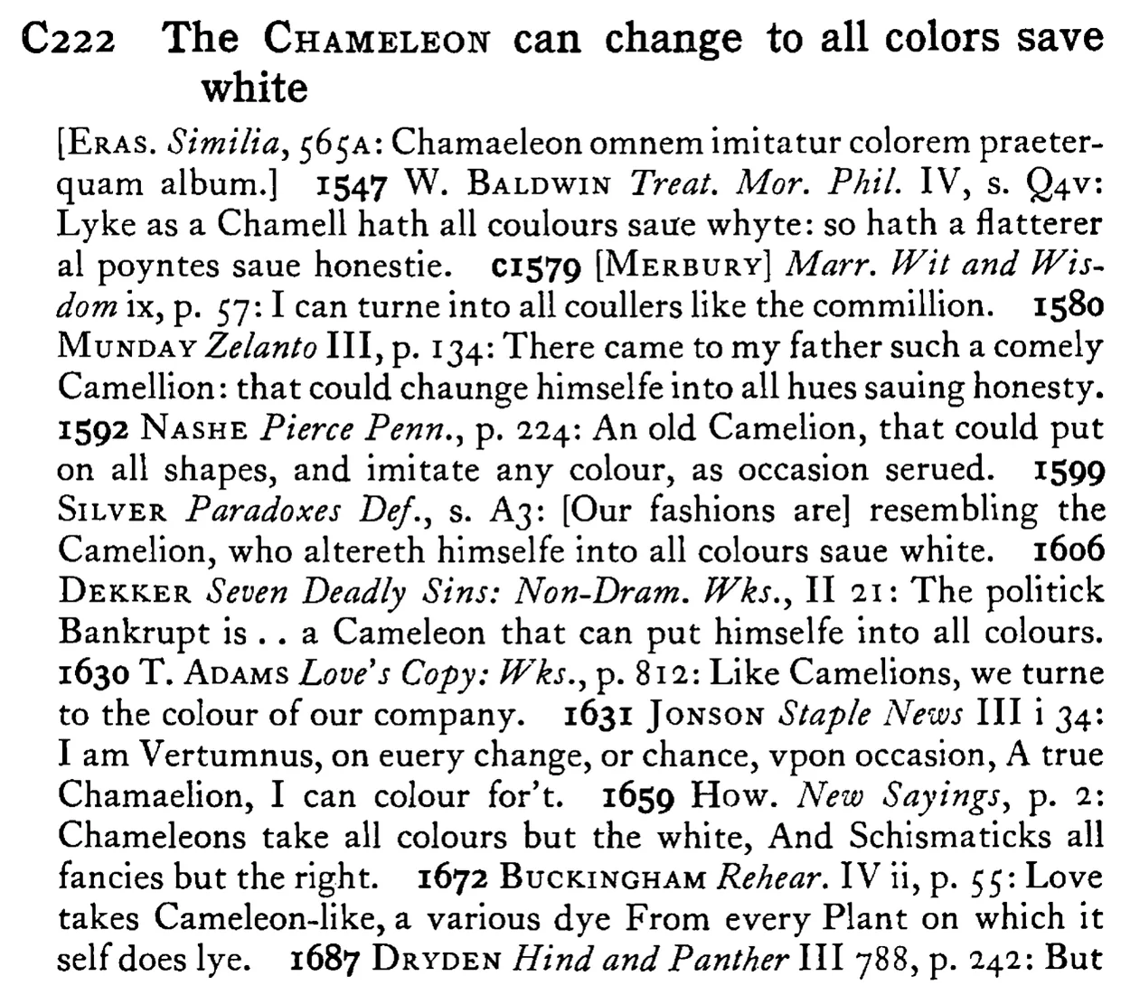 The CHAMELEON can change to all colors save white - a scanned entry from Tilley's 1950 Dictionary of Proverbs.
