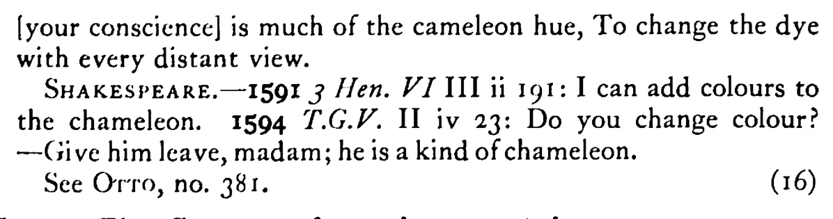 The CHAMELEON can change to all colors save white - a scanned entry from Tilley's 1950 Dictionary of Proverbs. (continuation)