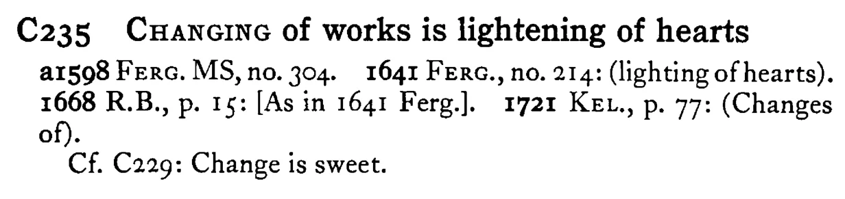 CHANGING of works is lightening of hearts - a scanned entry from Tilley's 1950 Dictionary of Proverbs.