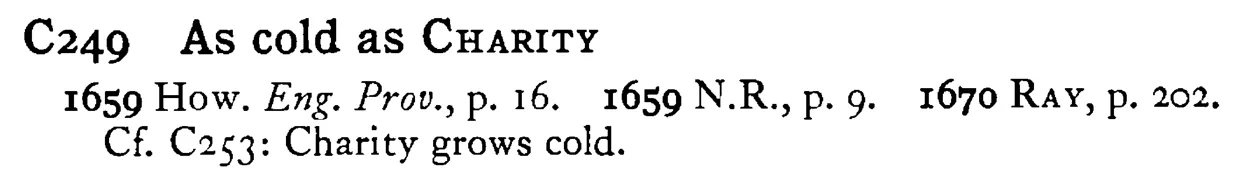 As cold as CHARITY - a scanned entry from Tilley's 1950 Dictionary of Proverbs.