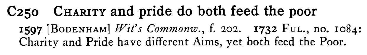 CHARITY and pride do both feed the poor - a scanned entry from Tilley's 1950 Dictionary of Proverbs.