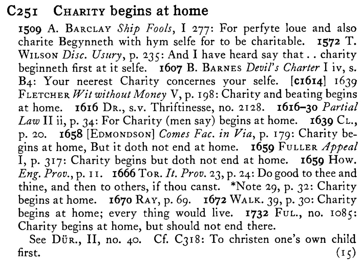CHARITY begins at home - a scanned entry from Tilley's 1950 Dictionary of Proverbs.