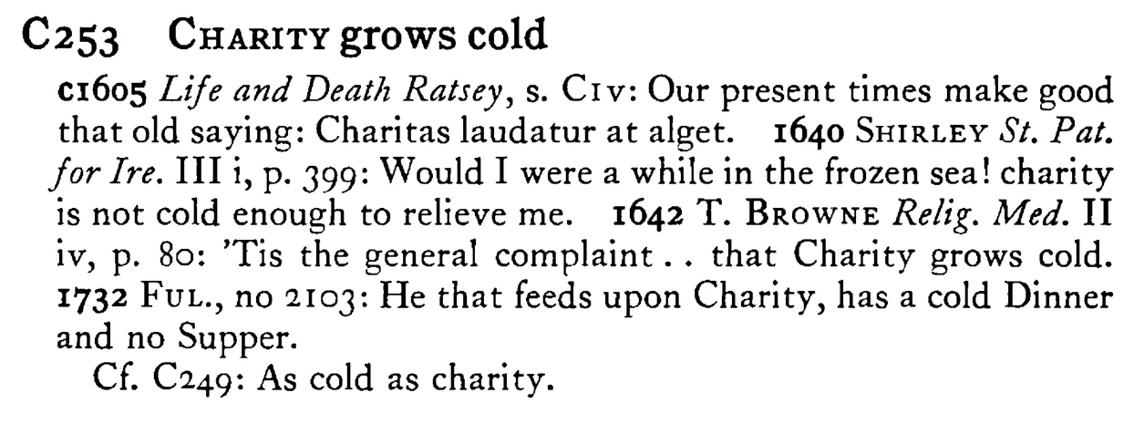 CHARITY grows cold - a scanned entry from Tilley's 1950 Dictionary of Proverbs.