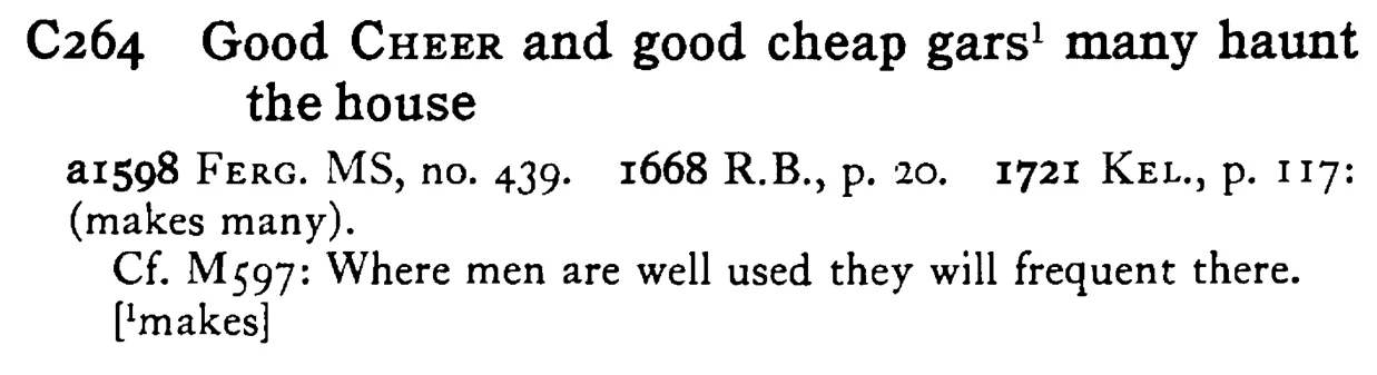 Good CHEER and good cheap gars¹ many haunt the house - a scanned entry from Tilley's 1950 Dictionary of Proverbs.