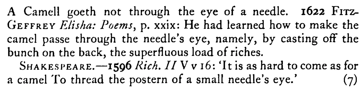 As hard as for a CAMEL to pass through a needle's eye - a scanned entry from Tilley's 1950 Dictionary of Proverbs. (continuation)