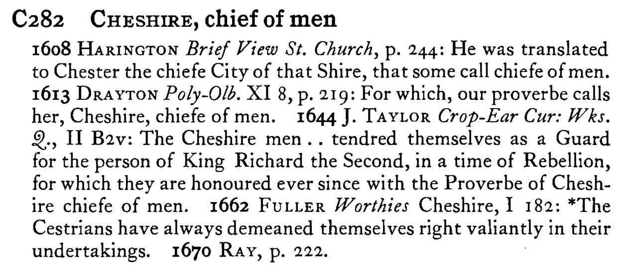 CHESHIRE, chief of men - a scanned entry from Tilley's 1950 Dictionary of Proverbs.