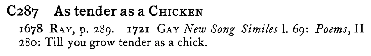 As tender as a CHICKEN - a scanned entry from Tilley's 1950 Dictionary of Proverbs.