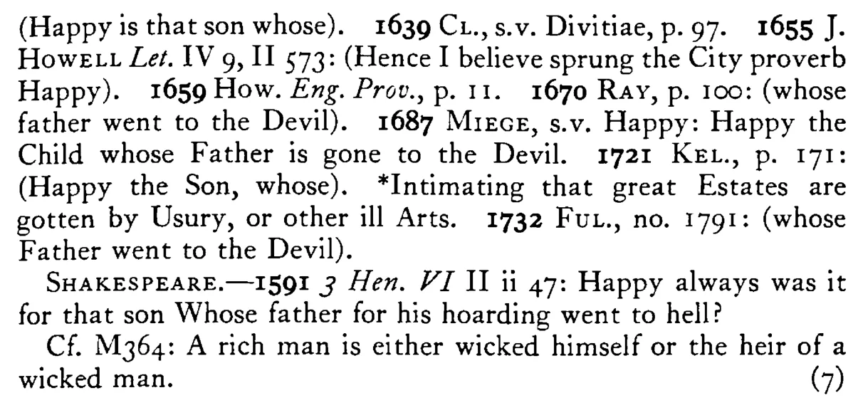Happy is the CHILD whose father goes to the devil - a scanned entry from Tilley's 1950 Dictionary of Proverbs. (continuation)