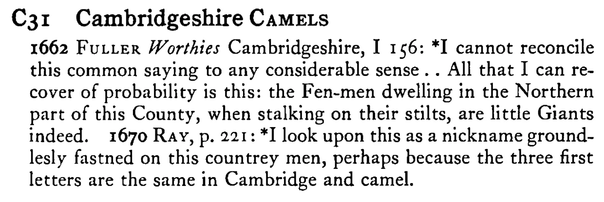 Cambridgeshire CAMELS - a scanned entry from Tilley's 1950 Dictionary of Proverbs.