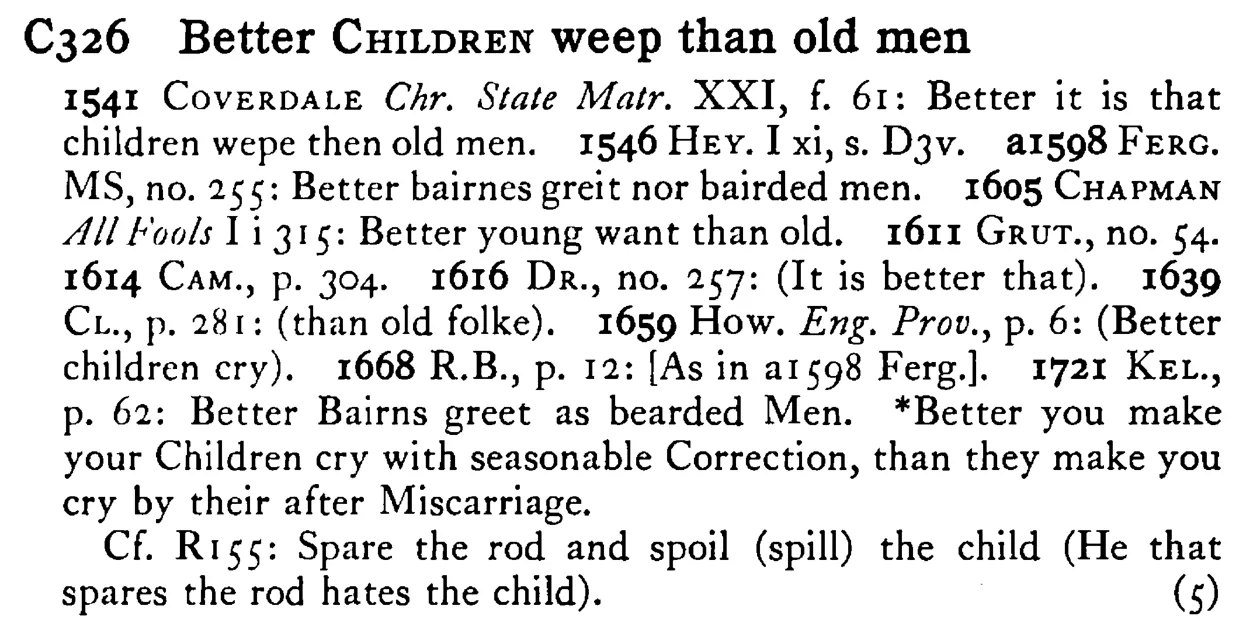 Better CHILDREN weep than old men - a scanned entry from Tilley's 1950 Dictionary of Proverbs.