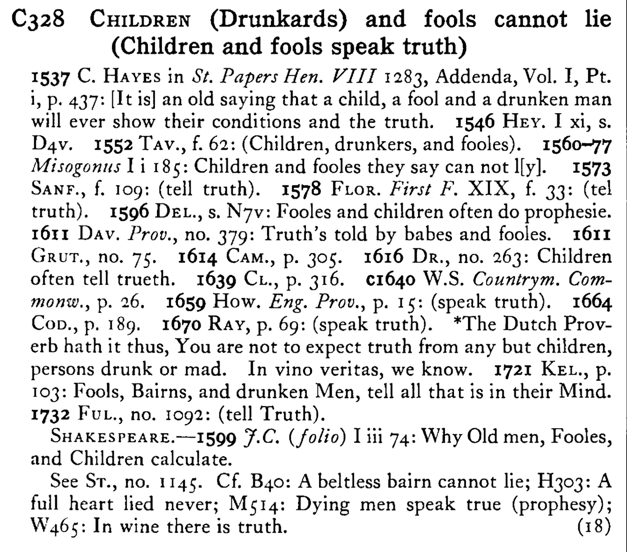 CHILDREN (Drunkards) and fools cannot lie (Children and fools speak truth) - a scanned entry from Tilley's 1950 Dictionary of Proverbs.