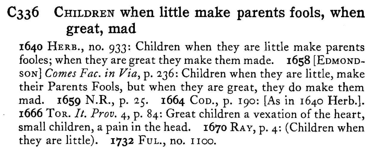 CHILDREN when little make parents fools, when great, mad - a scanned entry from Tilley's 1950 Dictionary of Proverbs.