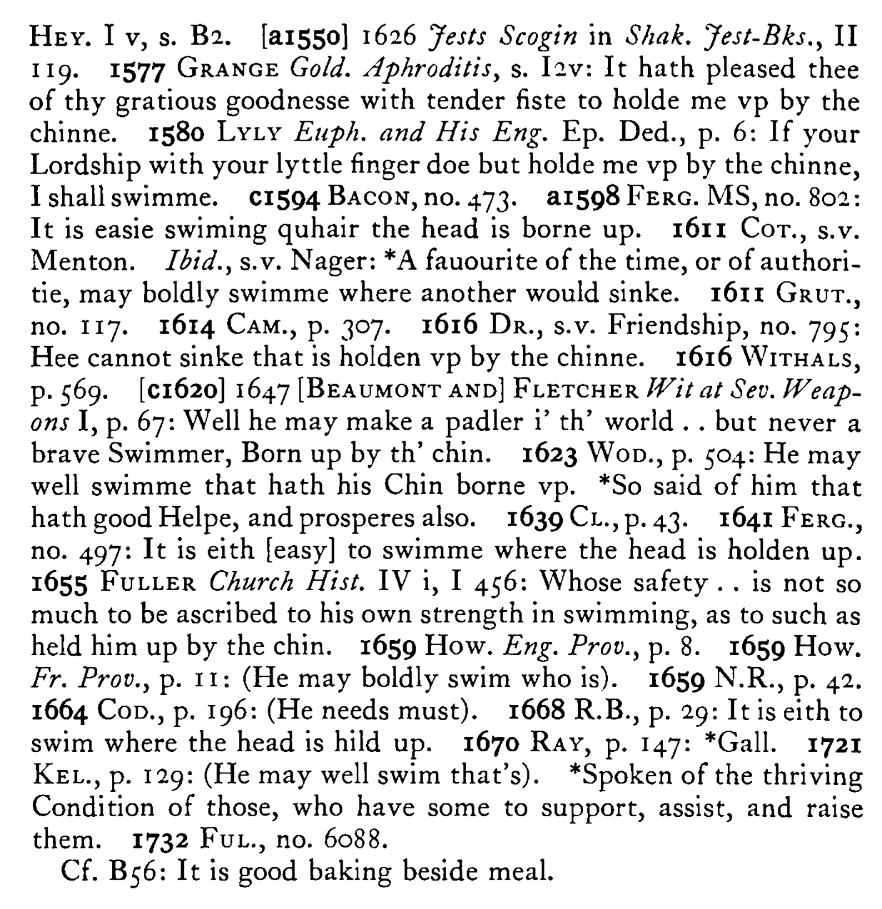 He must needs swim that is held up by the CHIN - a scanned entry from Tilley's 1950 Dictionary of Proverbs. (continuation)