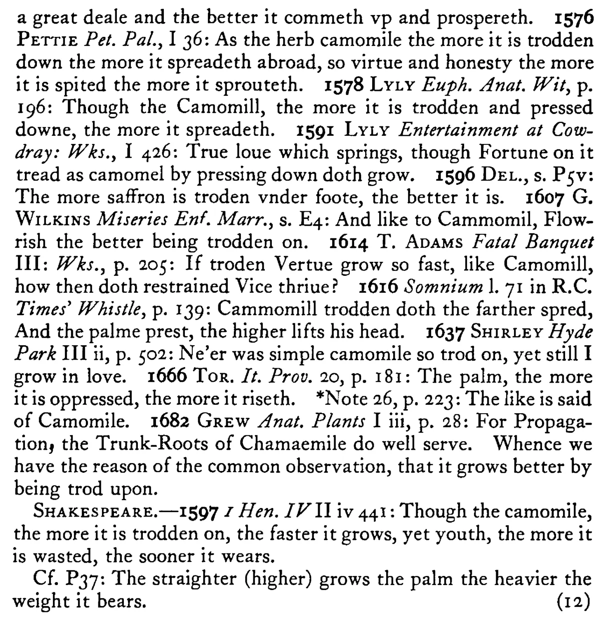 The more CAMOMILE is trodden down the more it spreads - a scanned entry from Tilley's 1950 Dictionary of Proverbs. (continuation)