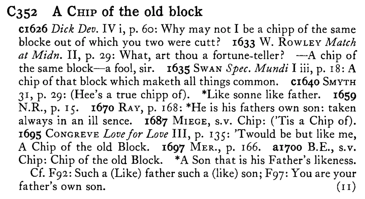 A CHIP of the old block - a scanned entry from Tilley's 1950 Dictionary of Proverbs.