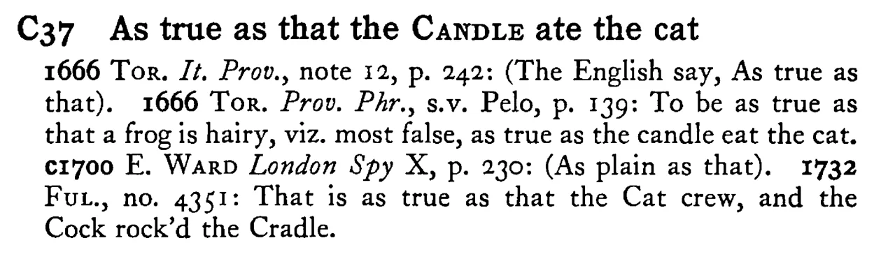 As true as that the CANDLE ate the cat - a scanned entry from Tilley's 1950 Dictionary of Proverbs.