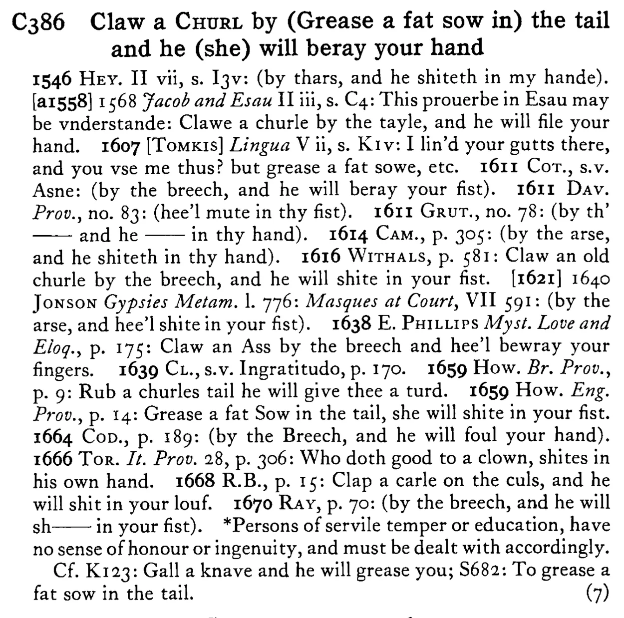 Claw a CHURL by (Grease a fat sow in) the tail and he (she) will beray your hand - a scanned entry from Tilley's 1950 Dictionary of Proverbs.