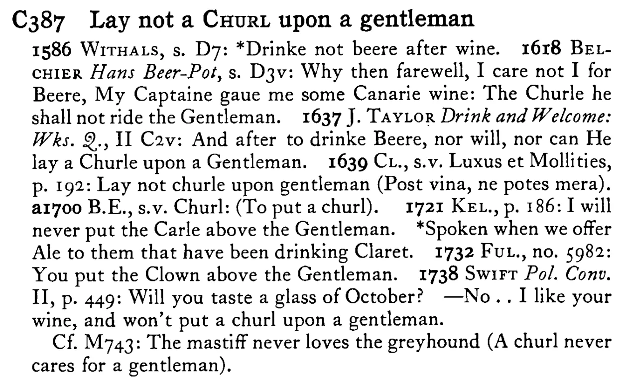 Lay not a CHURL upon a gentleman - a scanned entry from Tilley's 1950 Dictionary of Proverbs.