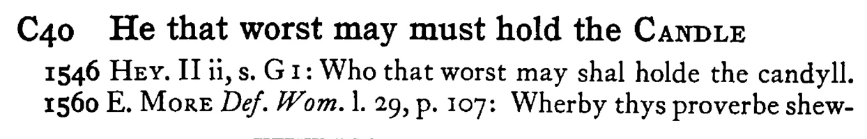 He that worst may must hold the CANDLE - a scanned entry from Tilley's 1950 Dictionary of Proverbs.