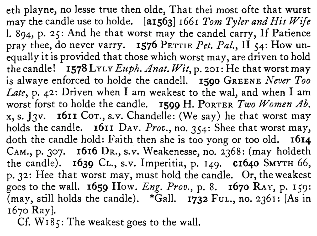 He that worst may must hold the CANDLE - a scanned entry from Tilley's 1950 Dictionary of Proverbs. (continuation)