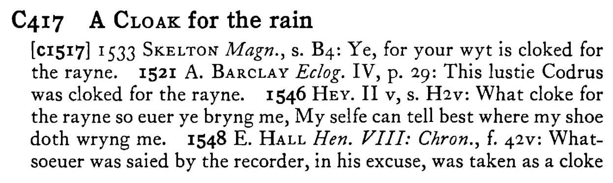A CLOAK for the rain - a scanned entry from Tilley's 1950 Dictionary of Proverbs.