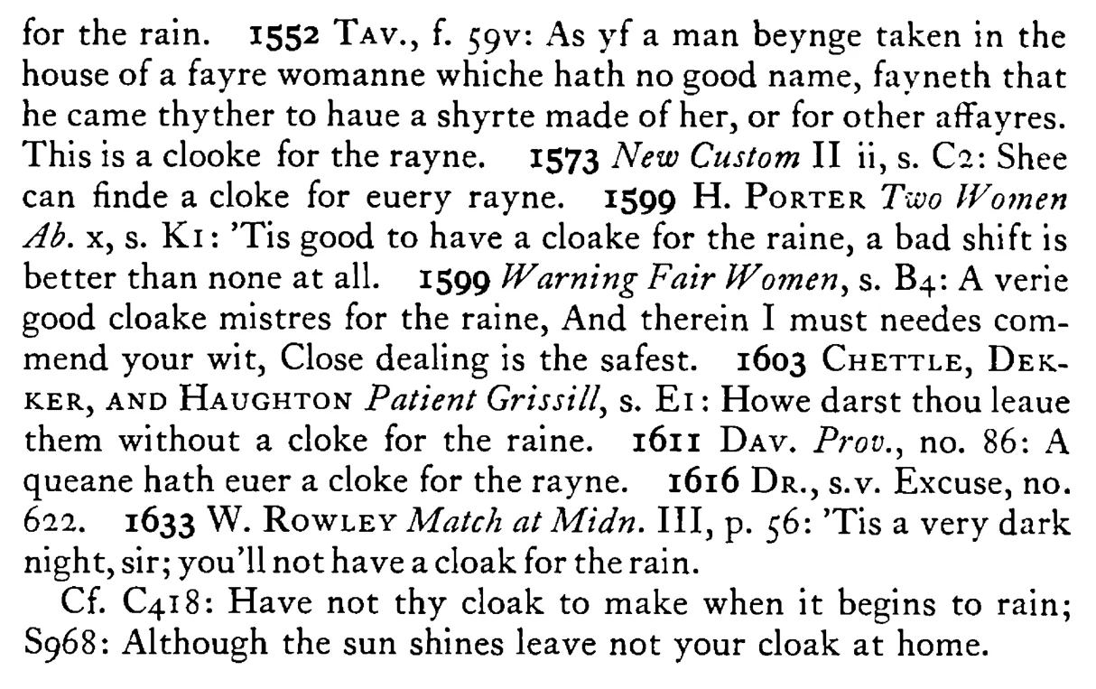 A CLOAK for the rain - a scanned entry from Tilley's 1950 Dictionary of Proverbs. (continuation)