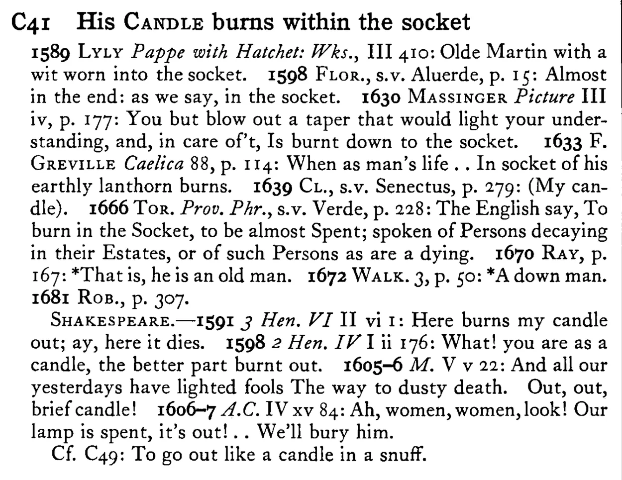 His CANDLE burns within the socket - a scanned entry from Tilley's 1950 Dictionary of Proverbs.