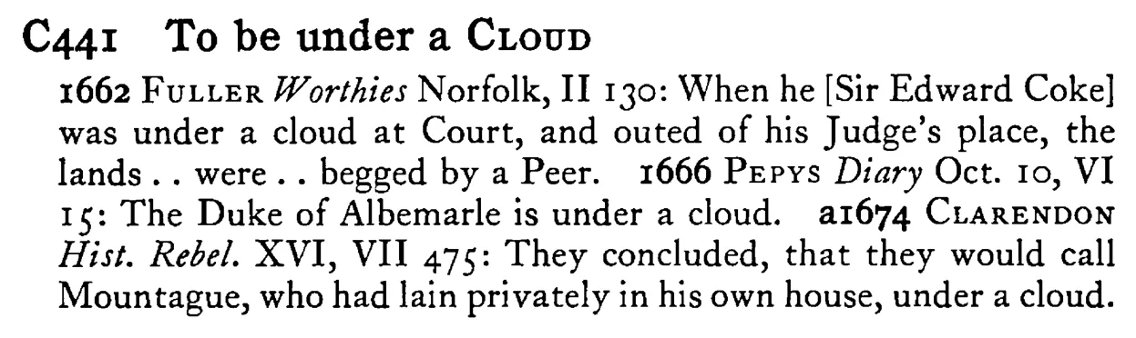 To be under a CLOUD - a scanned entry from Tilley's 1950 Dictionary of Proverbs.