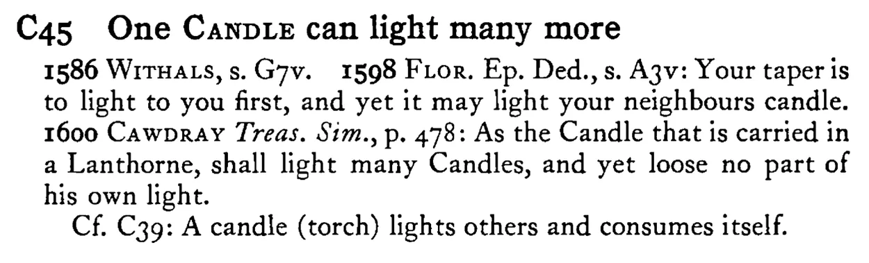 One CANDLE can light many more - a scanned entry from Tilley's 1950 Dictionary of Proverbs.
