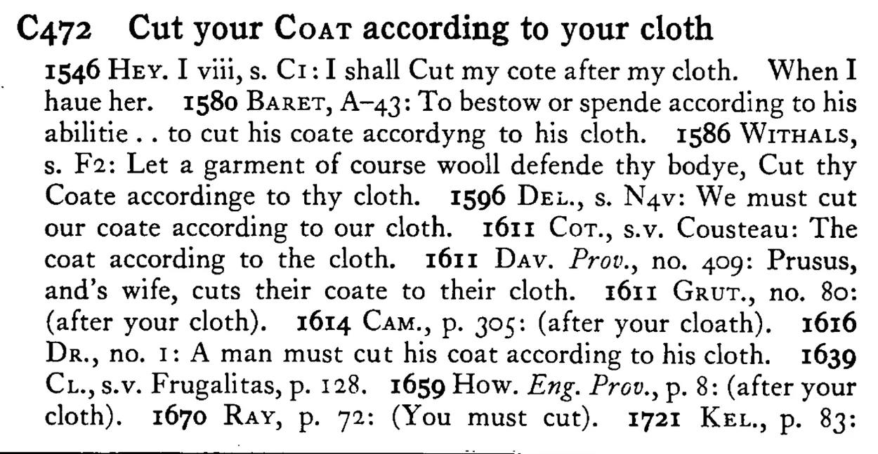Cut your COAT according to your cloth - a scanned entry from Tilley's 1950 Dictionary of Proverbs.