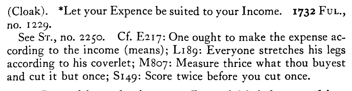 Cut your COAT according to your cloth - a scanned entry from Tilley's 1950 Dictionary of Proverbs. (continuation)