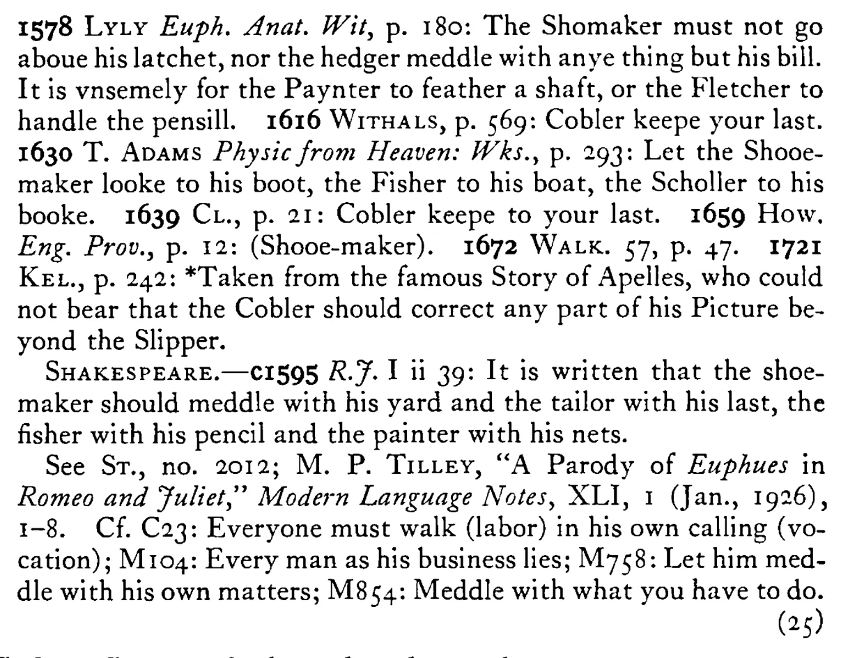 Let not the COBBLER (shoemaker) go beyond his last - a scanned entry from Tilley's 1950 Dictionary of Proverbs. (continuation)