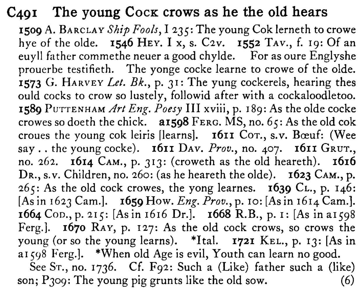 The young COCK crows as he the old hears - a scanned entry from Tilley's 1950 Dictionary of Proverbs.