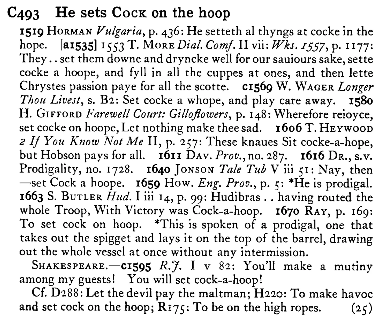 He sets COCK on the hoop - a scanned entry from Tilley's 1950 Dictionary of Proverbs.