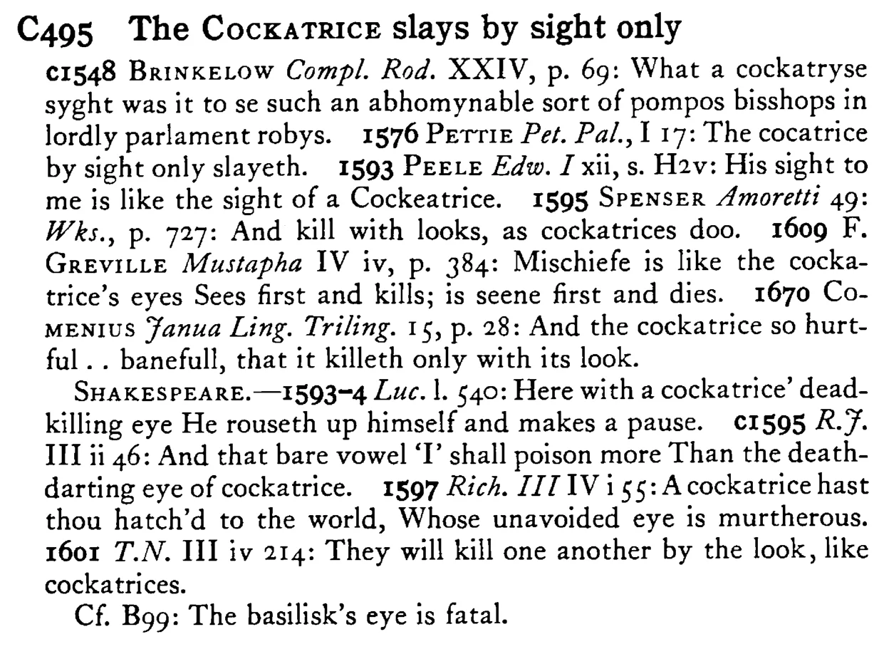 The COCKATRICE slays by sight only - a scanned entry from Tilley's 1950 Dictionary of Proverbs.