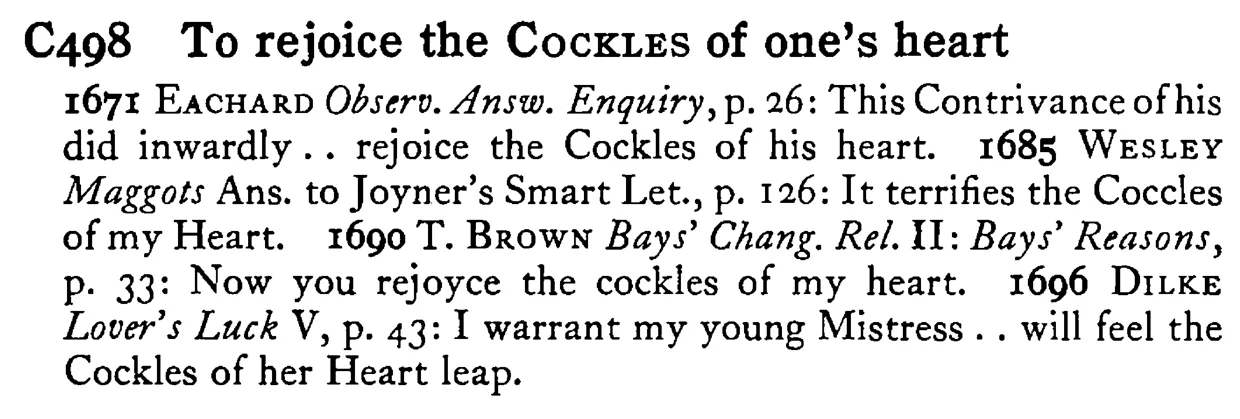 To rejoice the COCKLES of one's heart - a scanned entry from Tilley's 1950 Dictionary of Proverbs.