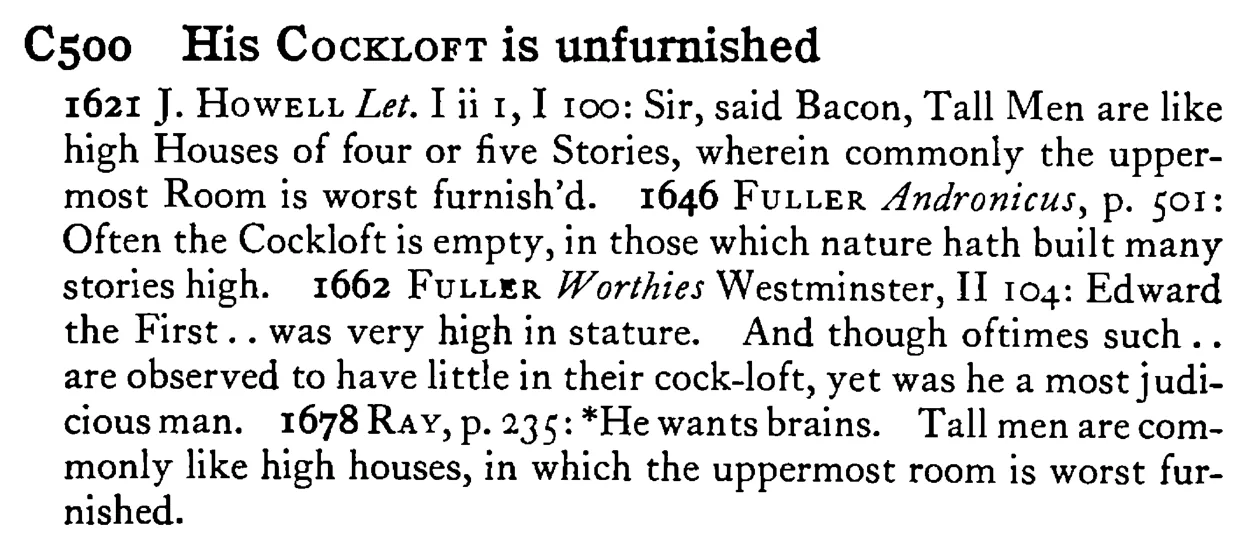 His COCKLOFT is unfurnished - a scanned entry from Tilley's 1950 Dictionary of Proverbs.