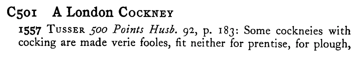 A London COCKNEY - a scanned entry from Tilley's 1950 Dictionary of Proverbs.