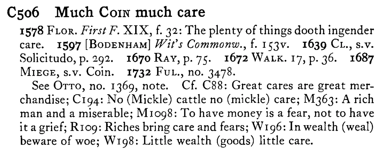 Much COIN much care - a scanned entry from Tilley's 1950 Dictionary of Proverbs.