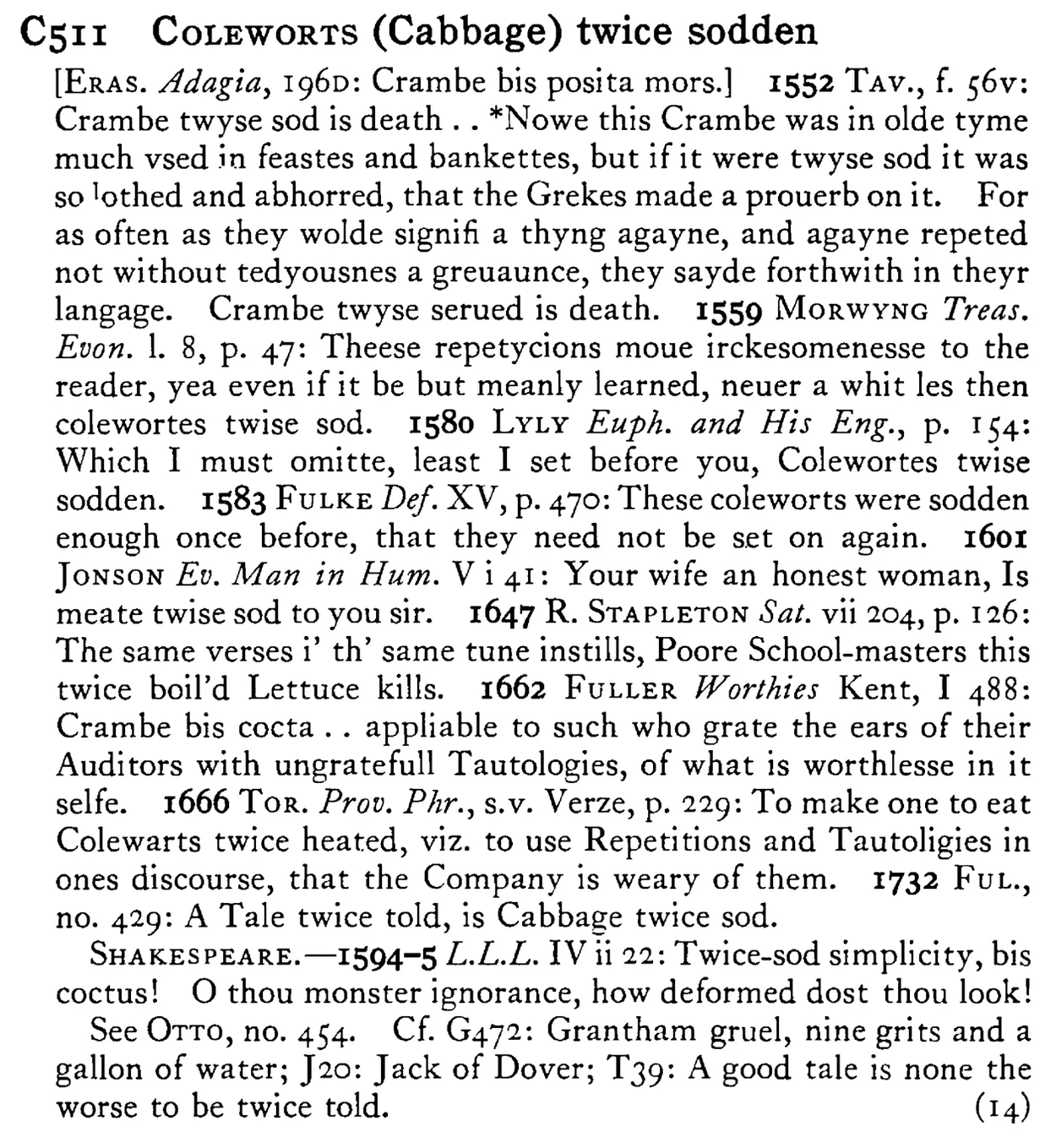 COLEWORTS (Cabbage) twice sodden - a scanned entry from Tilley's 1950 Dictionary of Proverbs.