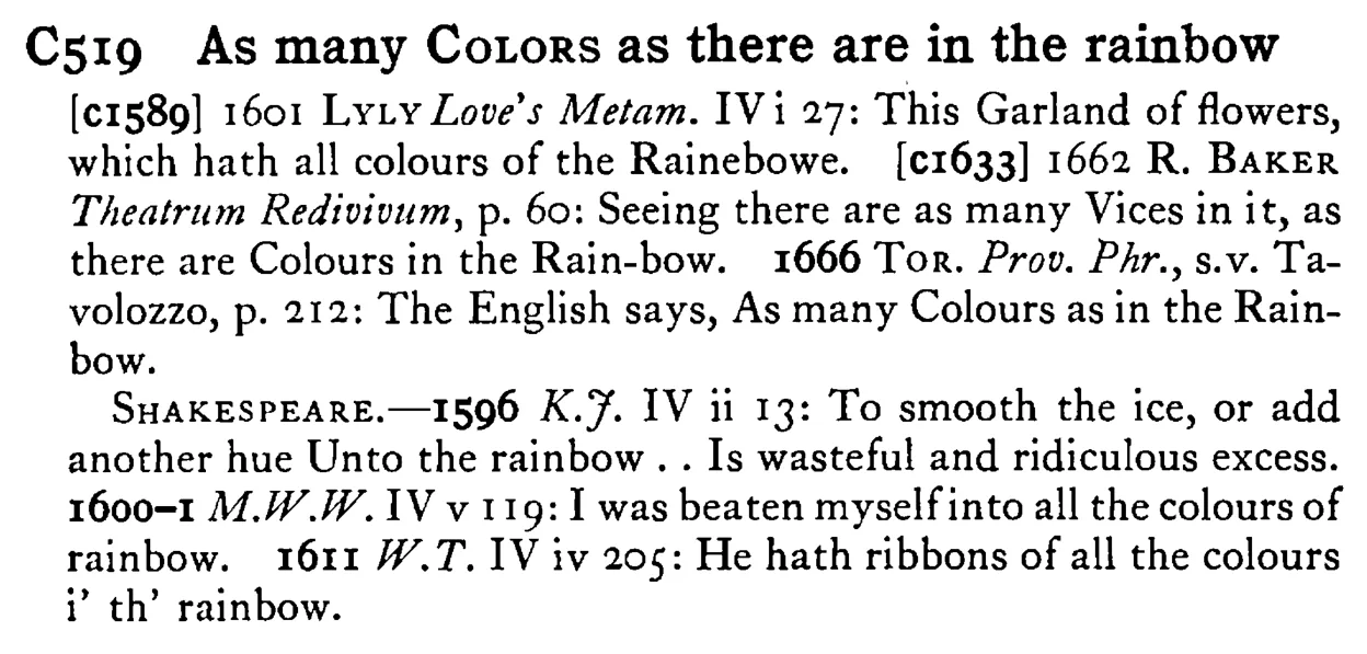 As many COLORS as there are in the rainbow - a scanned entry from Tilley's 1950 Dictionary of Proverbs.