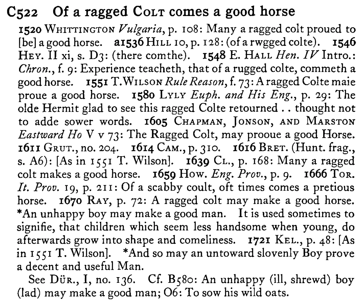 Of a ragged COLT comes a good horse - a scanned entry from Tilley's 1950 Dictionary of Proverbs.