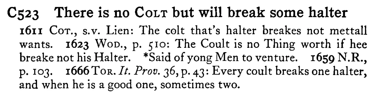There is no COLT but will break some halter - a scanned entry from Tilley's 1950 Dictionary of Proverbs.
