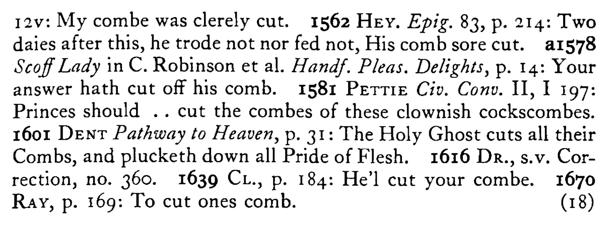 He has cut his COMB - a scanned entry from Tilley's 1950 Dictionary of Proverbs. (continuation)
