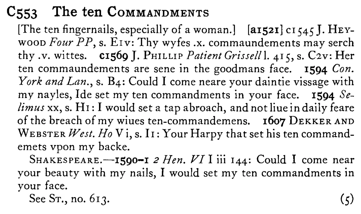 The ten COMMANDMENTS - a scanned entry from Tilley's 1950 Dictionary of Proverbs.