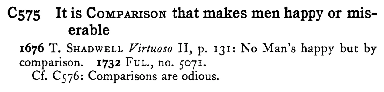 It is COMPARISON that makes men happy or miserable - a scanned entry from Tilley's 1950 Dictionary of Proverbs.