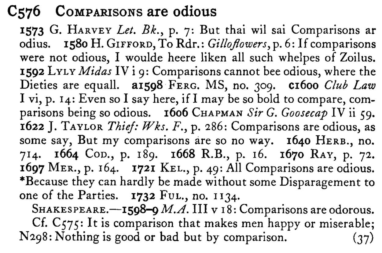 COMPARISONS are odious - a scanned entry from Tilley's 1950 Dictionary of Proverbs.